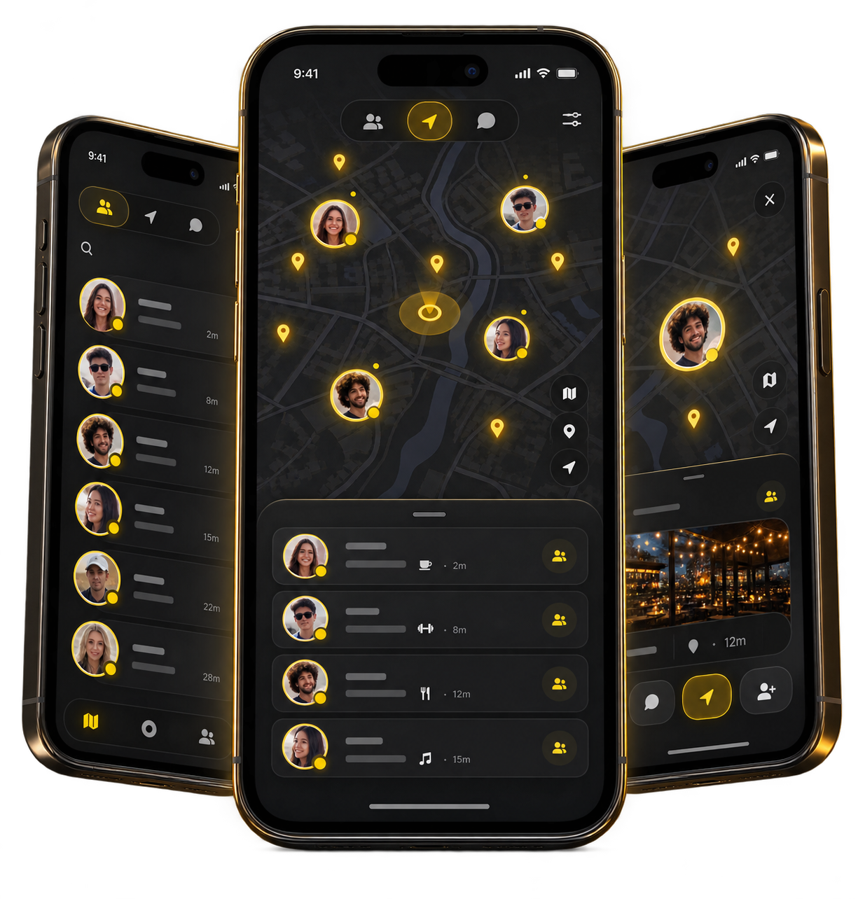 Aehar app map shown on three smartphones